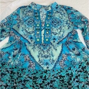 Soft Surroundings Teal and Black Floral Blouse